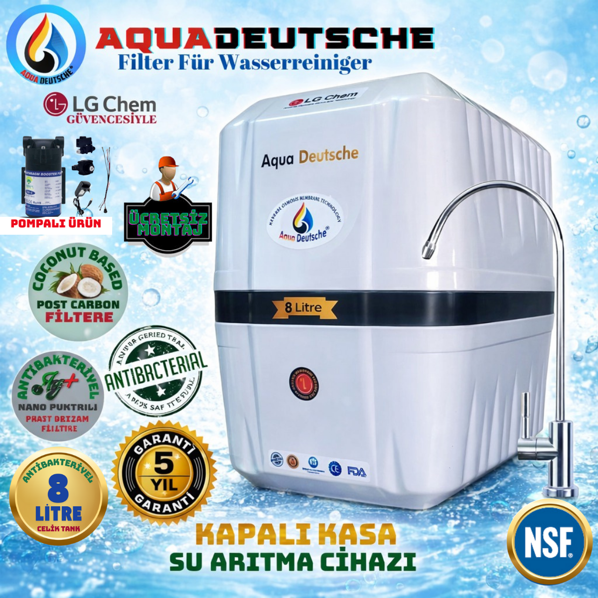 AQUA DEUTSCHE ÜCRETSİZ MONTAJ&POMPALI 8 LİTRE 7 FİLTRE 14 AŞAMA SU ARITMA CİHAZI