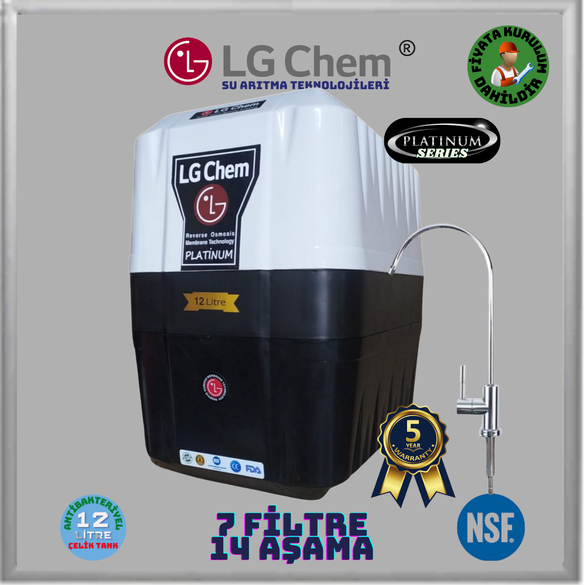 LG Chem PLATINUM ÜCRETSİZ MONTAJLI 12 LİTRE 7 FİLTRE 14 AŞAMA TERS OZMOZ SU ARITMA CİHAZI