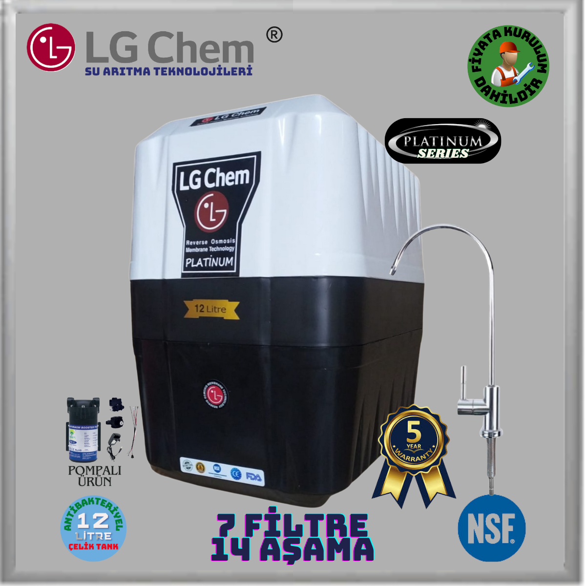 LG Chem PLATINUM POMPALI & ÜCRETSİZ MONTAJ 12 LİTRE 7 FİLTRE 14 AŞAMA TERS OZMOZ SU ARITMA CİHAZI (Copy)