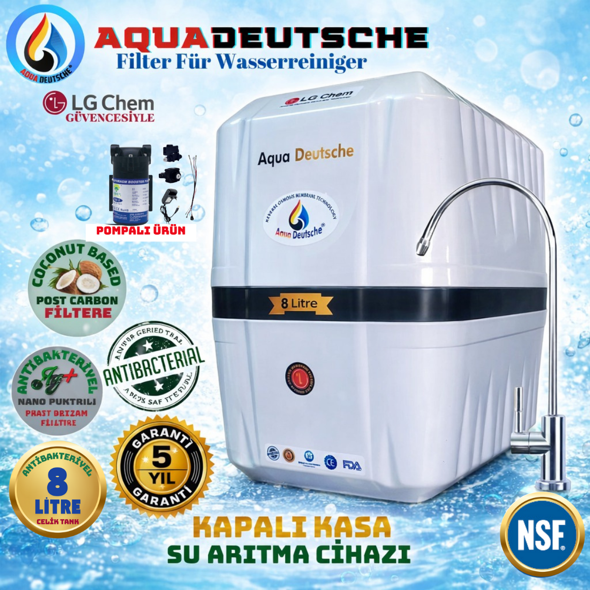 AQUA DEUTSCHE POMPALI 8 LİTRE 7 FİLTRE 14 AŞAMA SU ARITMA CİHAZI