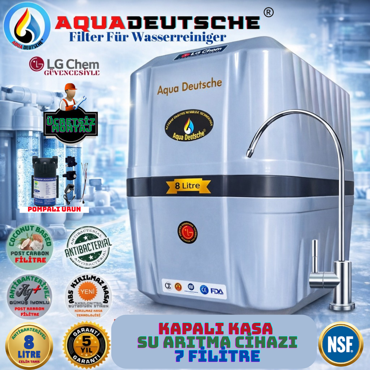 AQUA DEUTSCHE ÜCRETSİZ MONTAJ&POMPALI 8 LİTRE 7 FİLTRE 14 AŞAMA SU ARITMA CİHAZI