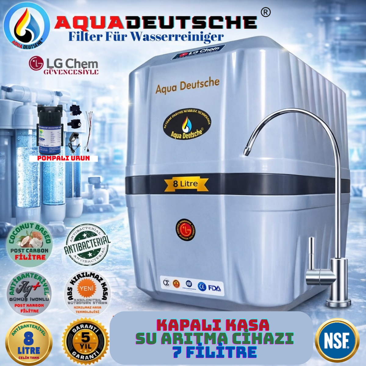 AQUA DEUTSCHE POMPALI 8 LİTRE 7 FİLTRE 14 AŞAMA SU ARITMA CİHAZI
