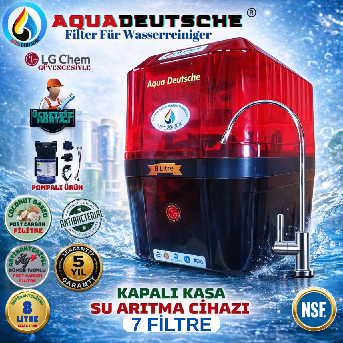 AQUA DEUTSCHE ÜCRETSİZ MONTAJ&POMPALI 8 LİTRE 7 FİLTRE 14 AŞAMA SU ARITMA CİHAZI