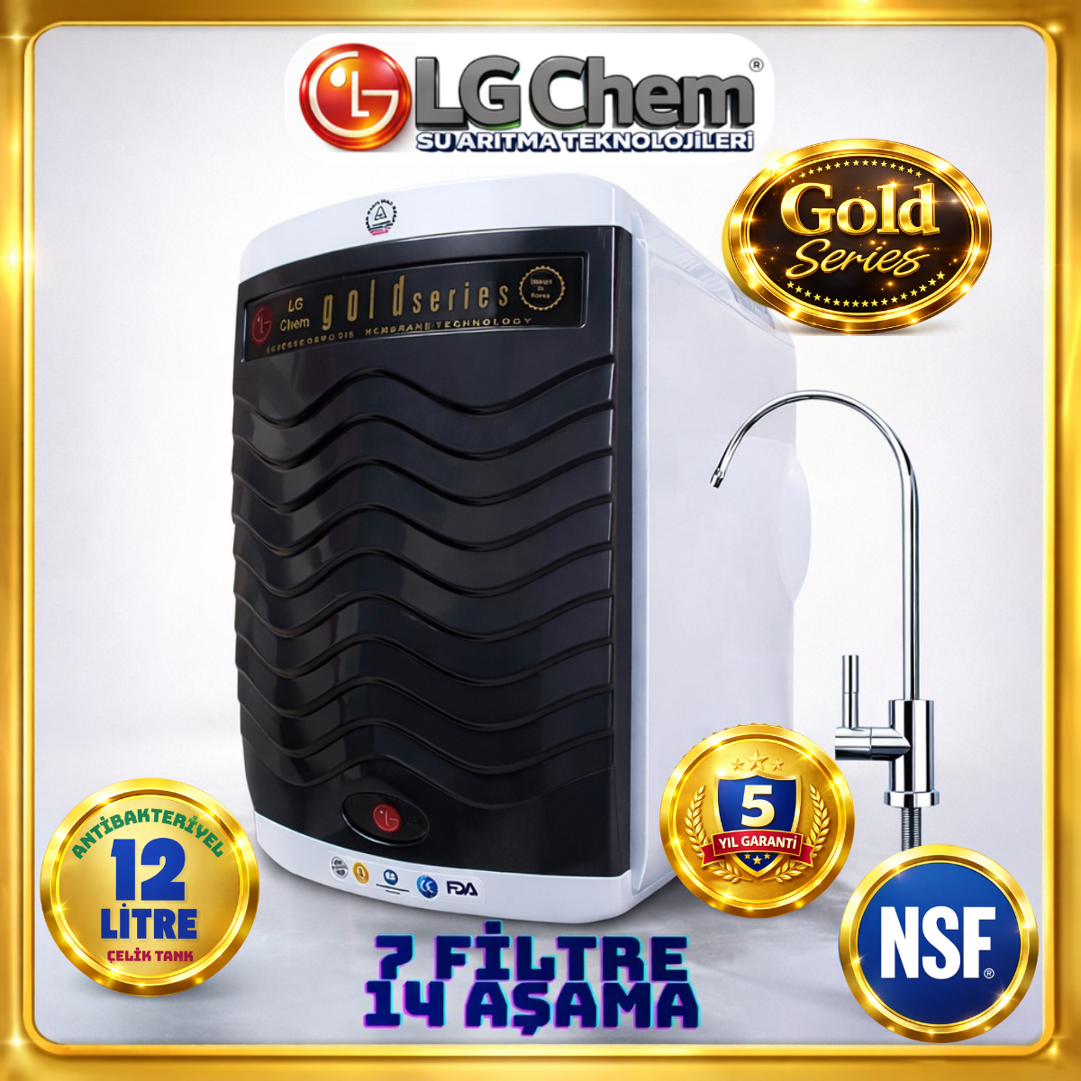 LG Chem GOLD BEYAZ-SİYAH RENK 12 LİTRE 7 FİLTRE 14 AŞAMA TERS OZMOZ SU ARITMA CİHAZI