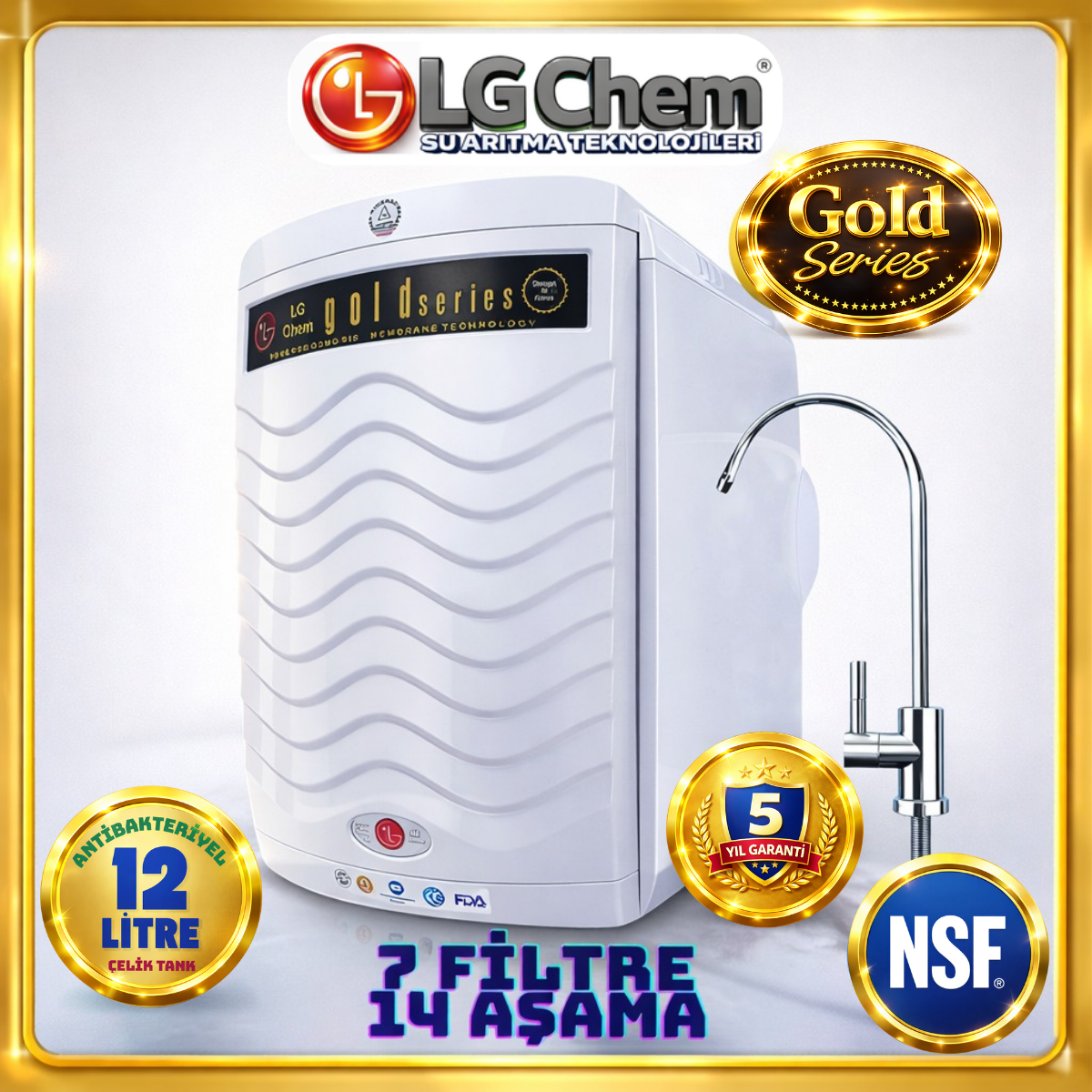 LG Chem GOLD BEYAZ RENK 12 LİTRE 7 FİLTRE 14 AŞAMA TERS OZMOZ SU ARITMA CİHAZI