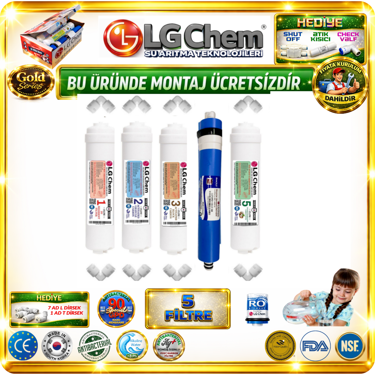 LG Chem GOLD KAPALI KASA SU ARITMA CİHAZLARI İÇİN 5 FİLTRELİ ÜCRETSİZ MONTAJLI 90 GPD NANO MEMBRANLI FİLTRE SETİ