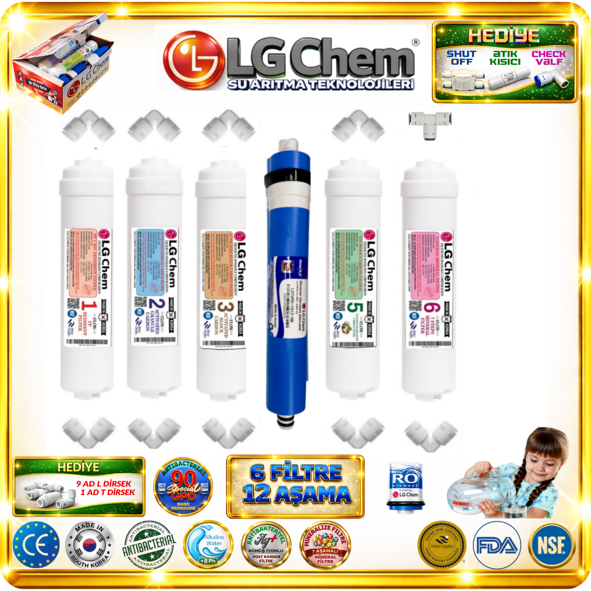 LG Chem GOLD KAPALI KASA SU ARITMA CİHAZI 6'LI FİLTRE SETİ 90 GPD NANO MEMBRANLI