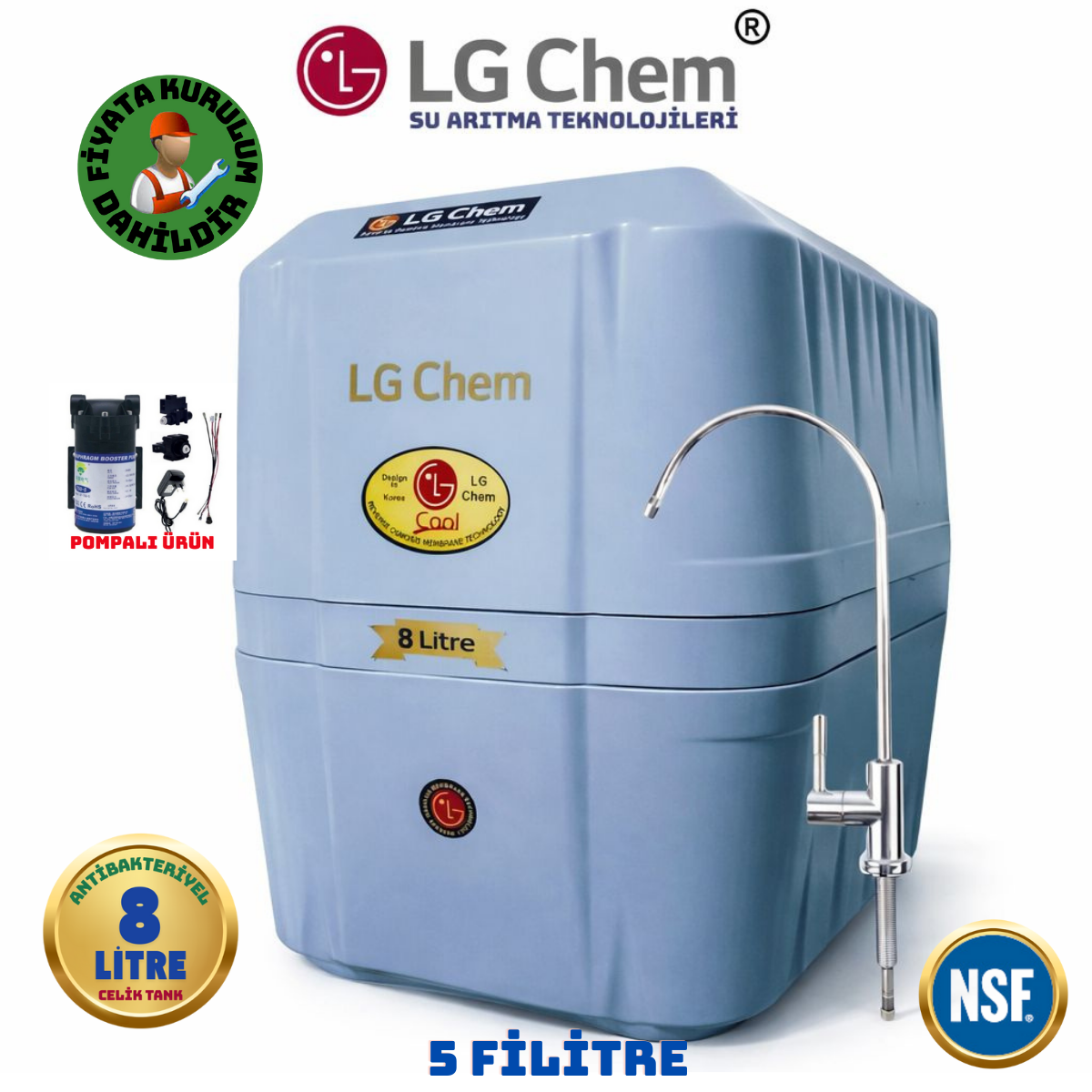 LG Chem COOL ÜCRETSİZ MONTAJ&POMPALI 8 LİTRE 7 FİLTRE 14 AŞAMA SU ARITMA CİHAZI