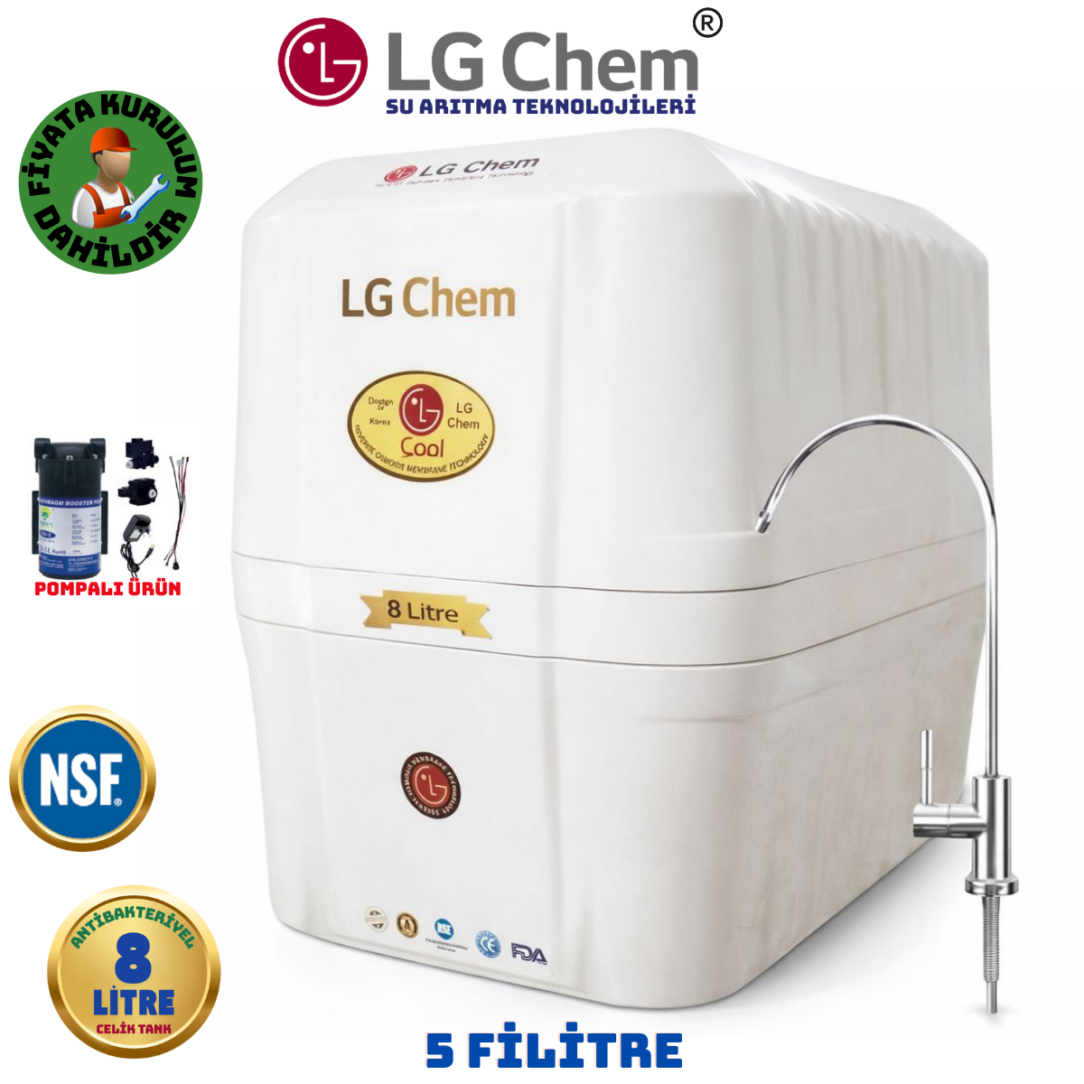 LG Chem COOL ÜCRETSİZ MONTAJ&POMPALI 8 LİTRE 7 FİLTRE 14 AŞAMA SU ARITMA CİHAZI