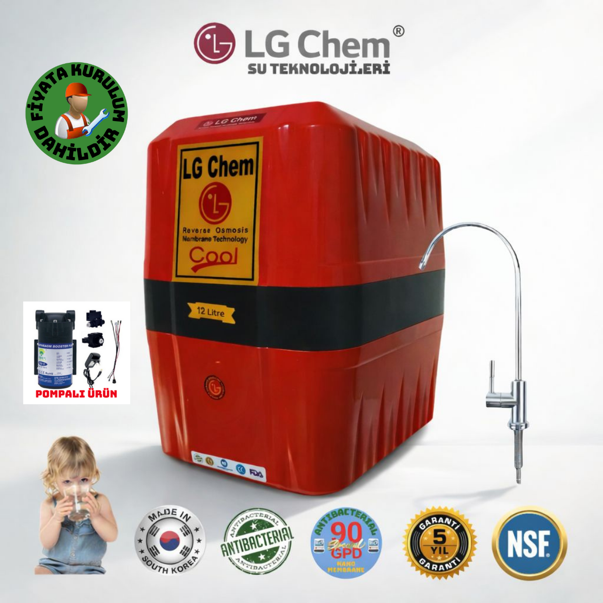 LG Chem COOL ÜCRETSİZ MONTAJ&POMPALI CİHAZ 12 LİTRE 7 FİLTRE 14 AŞAMA SU ARITMA CİHAZI