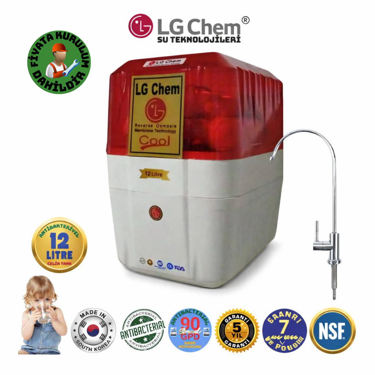 LG Chem COOL ÜCRETSİZ MONTAJ 12 LİTRE 7 FİLTRE 14 AŞAMA SU ARITMA CİHAZI