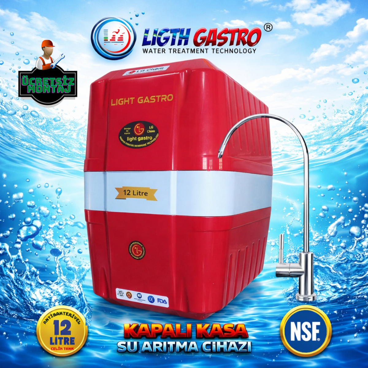 LİGTH GASTRO SPECIAL ÜCRETSİZ MONTAJ 12 LİTRE 90 GPD NANO MEMBRANLI SU ARITMA CİHAZI