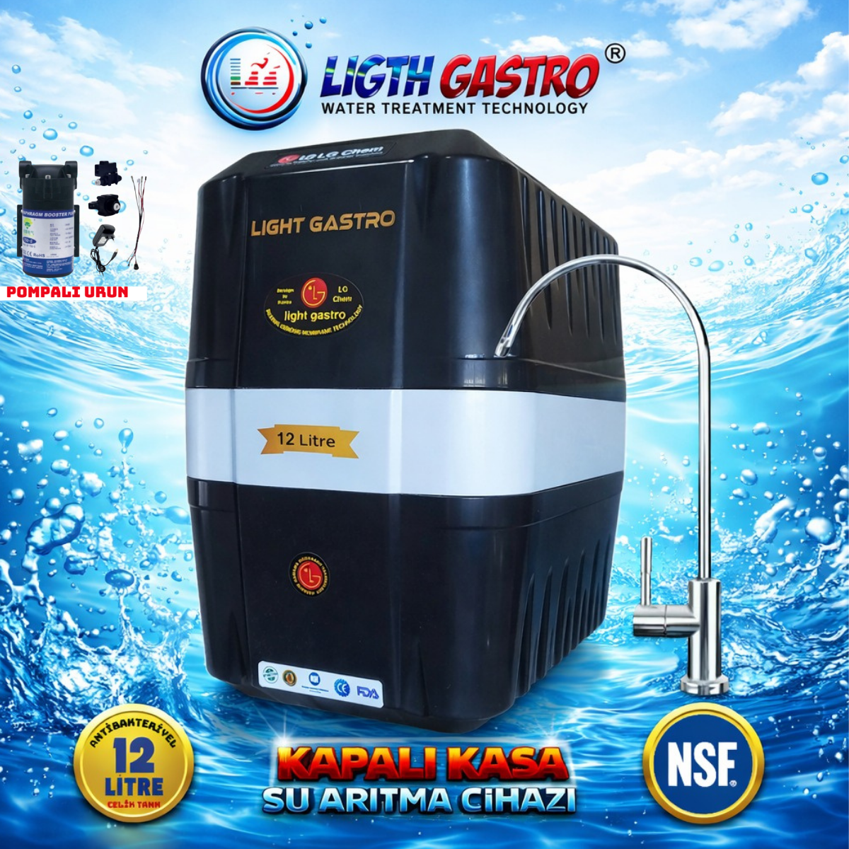 LİGTH GASTRO SPECIAL POMPALI 12 LİTRE 90 GPD NANO MEMBRANLI SU ARITMA CİHAZI