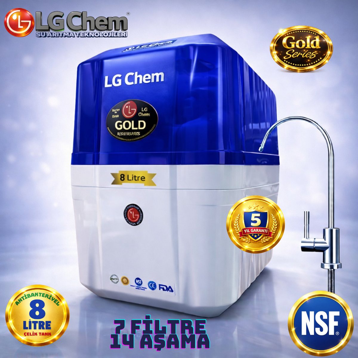 LG Chem GOLD MAVİ BEYAZ 8 LİTRE 7 FİLTRE 14 AŞAMA SU ARITMA CİHAZI
