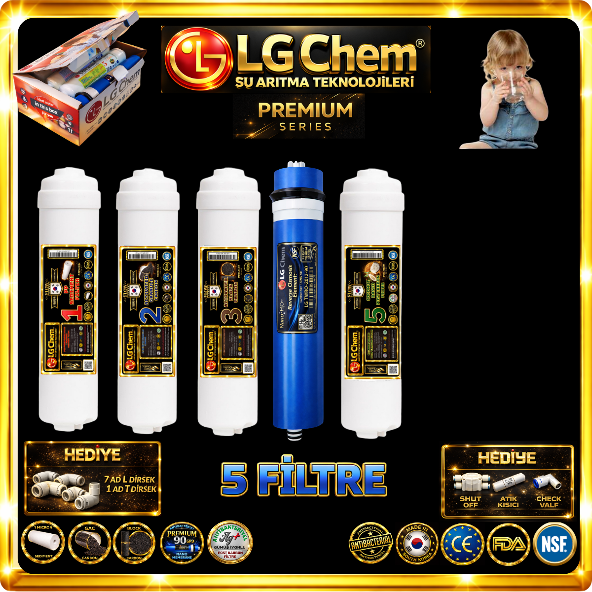 LG Chem PREMIUM 5 FİLTRELİ KAPALI KASA SU ARITMA CİHAZI FİLTRE SETİ.