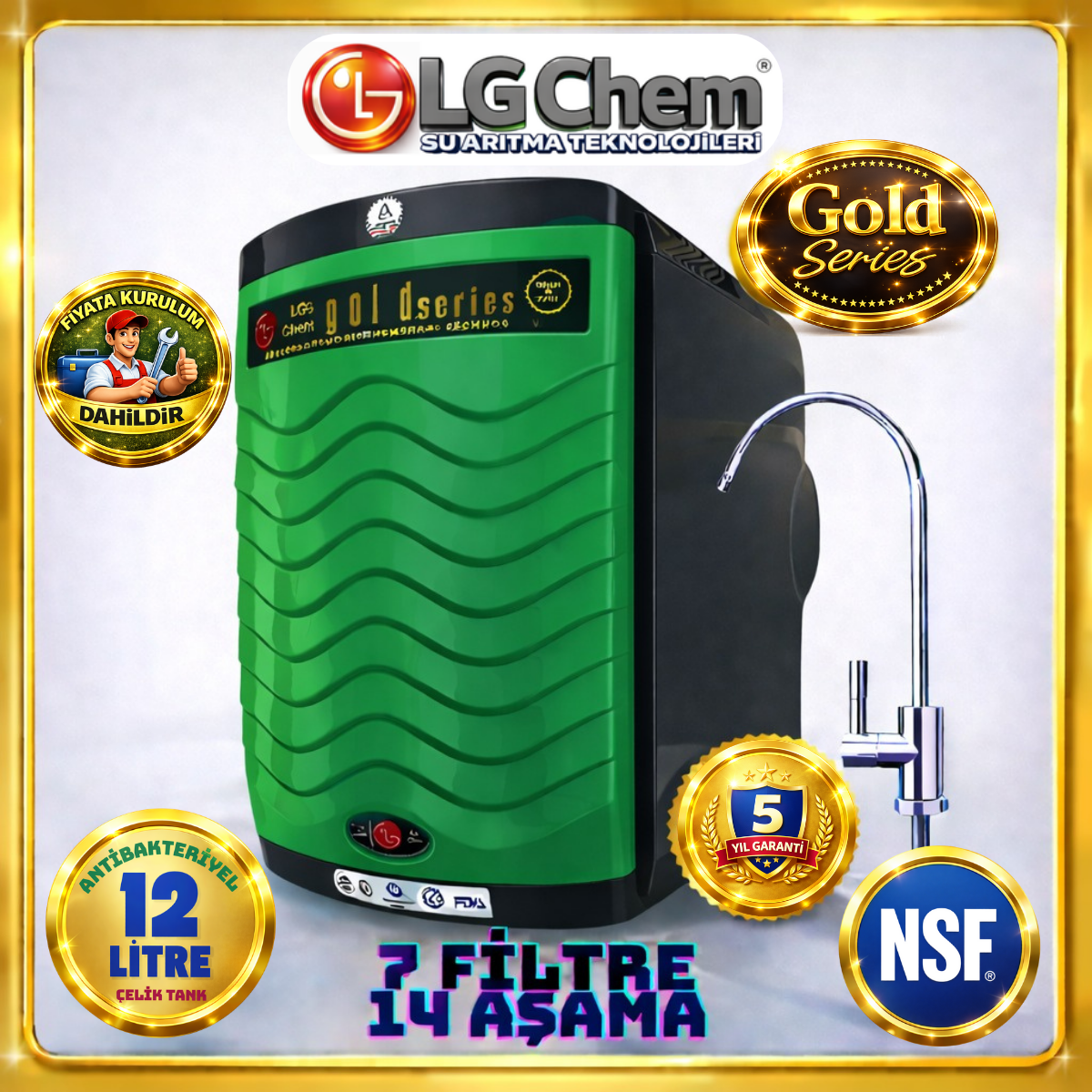 LG Chem GOLD YEŞİL SİYAH RENK ÜCRETSİZ MONTAJ 12 LİTRE 7 FİLTRE 14 AŞAMA TERS OZMOZ SU ARITMA CİHAZI