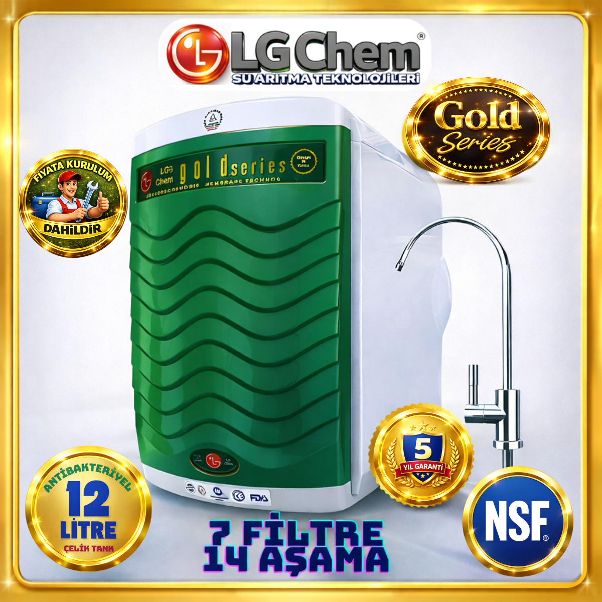 LG Chem GOLD YEŞİL BEYAZ RENK ÜCRETSİZ MONTAJ 12 LİTRE 7 FİLTRE 14 AŞAMA TERS OZMOZ SU ARITMA CİHAZI