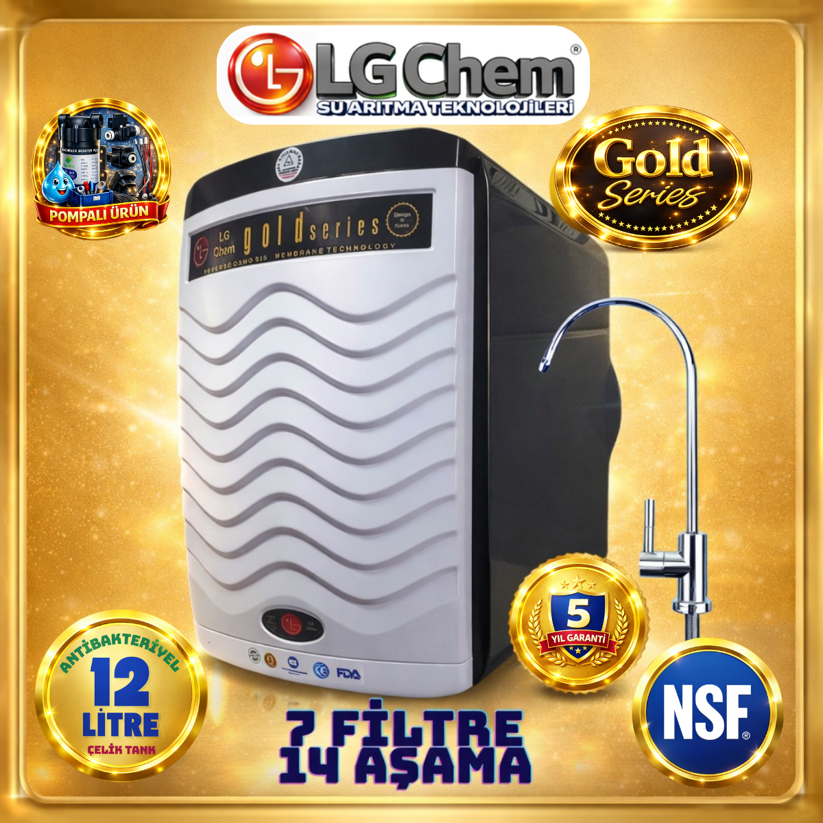 LG Chem GOLD ÖN BEYAZ SİYAH RENK POMPALI 12 LİTRE 7 FİLTRE 14 AŞAMA TERS OZMOZ SU ARITMA CİHAZI