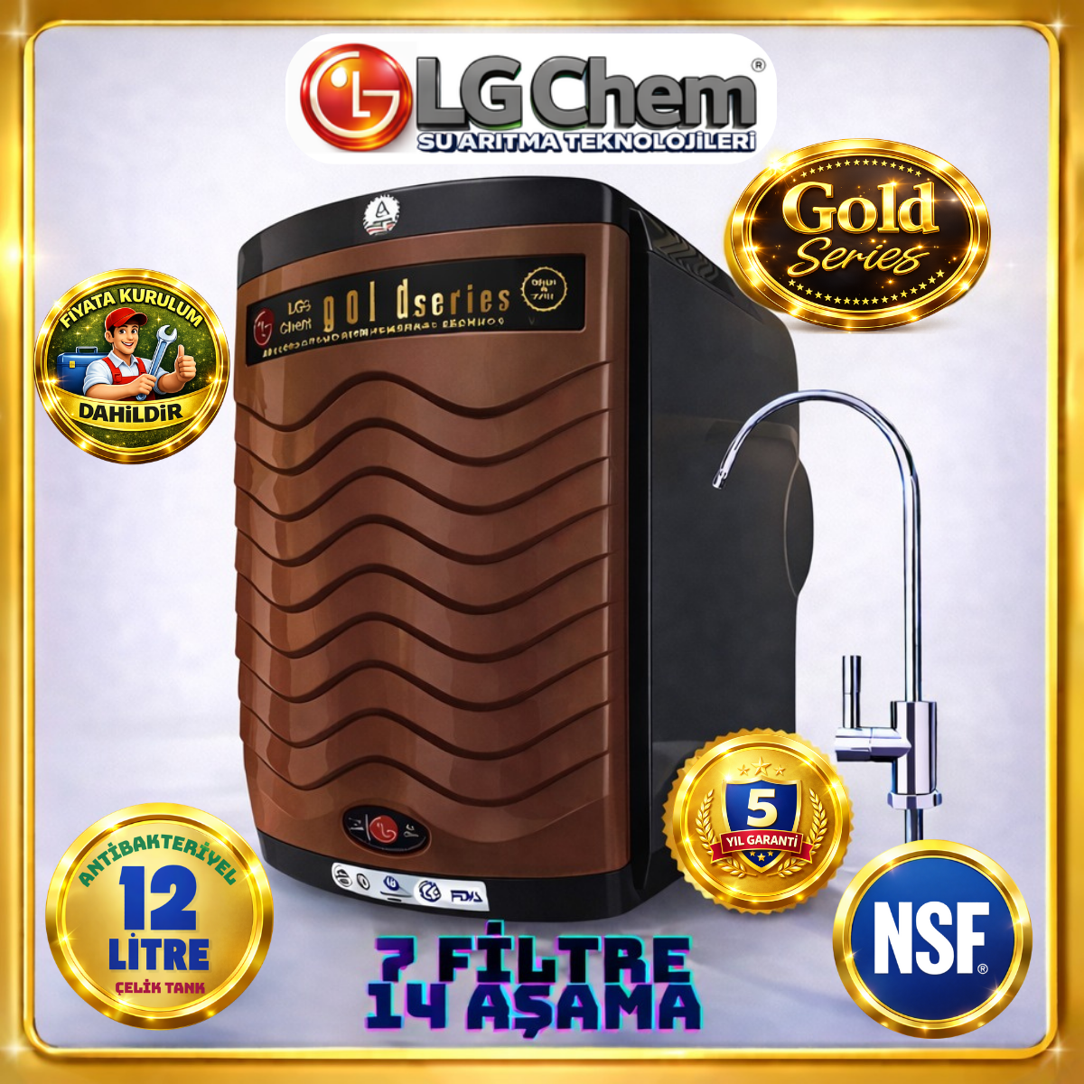 LG Chem GOLD SİYAH RENK ÜCRETSİZ MONTAJ12 LİTRE 7 FİLTRE 14 AŞAMA TERS OZMOZ SU ARITMA CİHAZI
