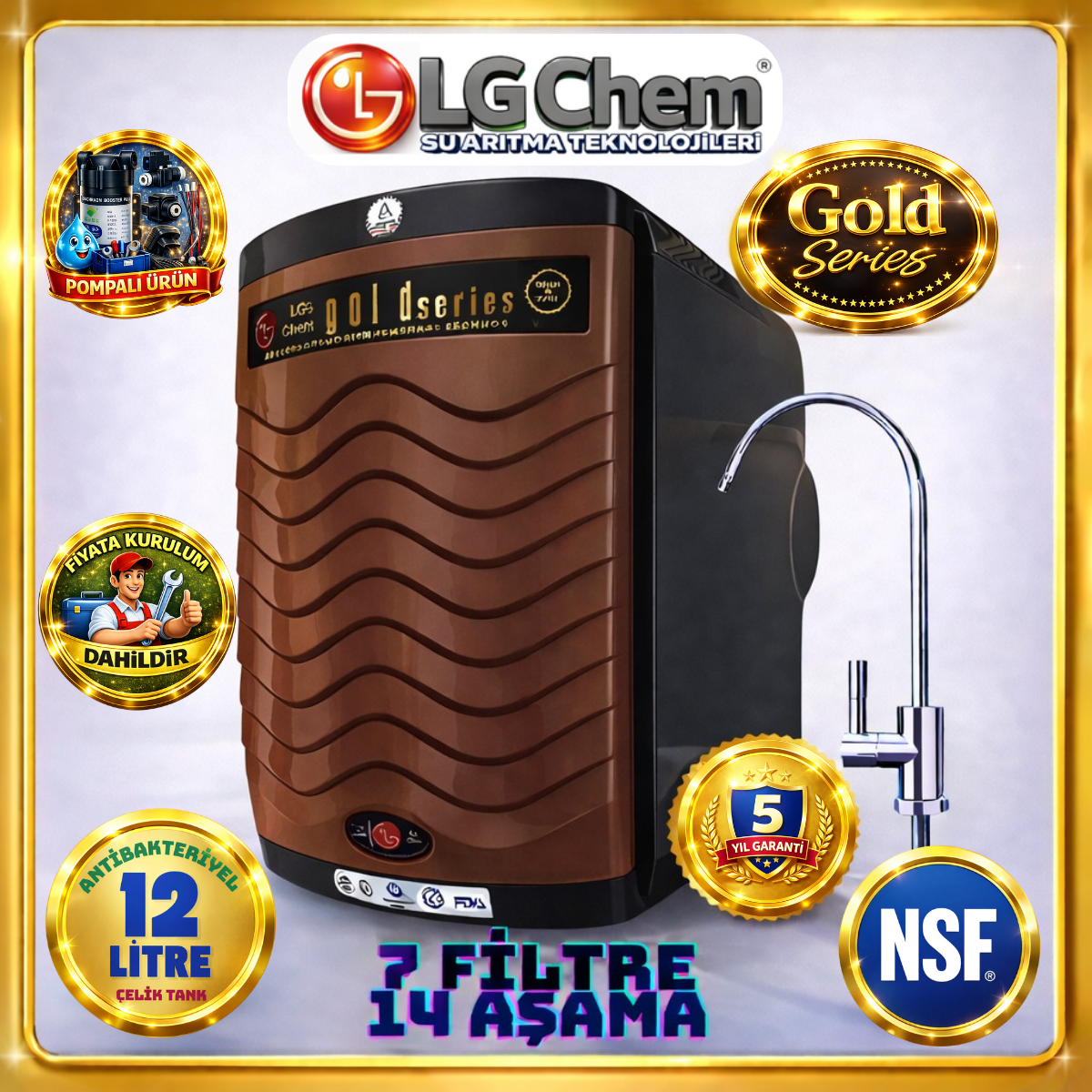 LG Chem GOLD SİYAH RENK ÜCRETSİZ MONTAJ&POMPALI 12 LİTRE 7 FİLTRE 14 AŞAMA TERS OZMOZ SU ARITMA CİHAZI