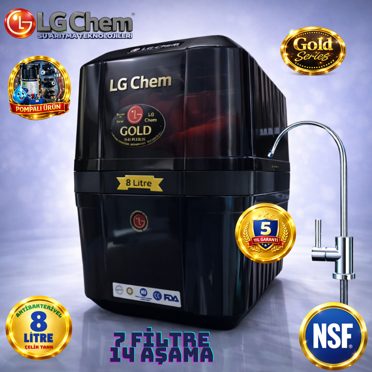 LG Chem GOLD SİYAH POMPALI 8 LİTRE 7 FİLTRE 14 AŞAMA SU ARITMA CİHAZI