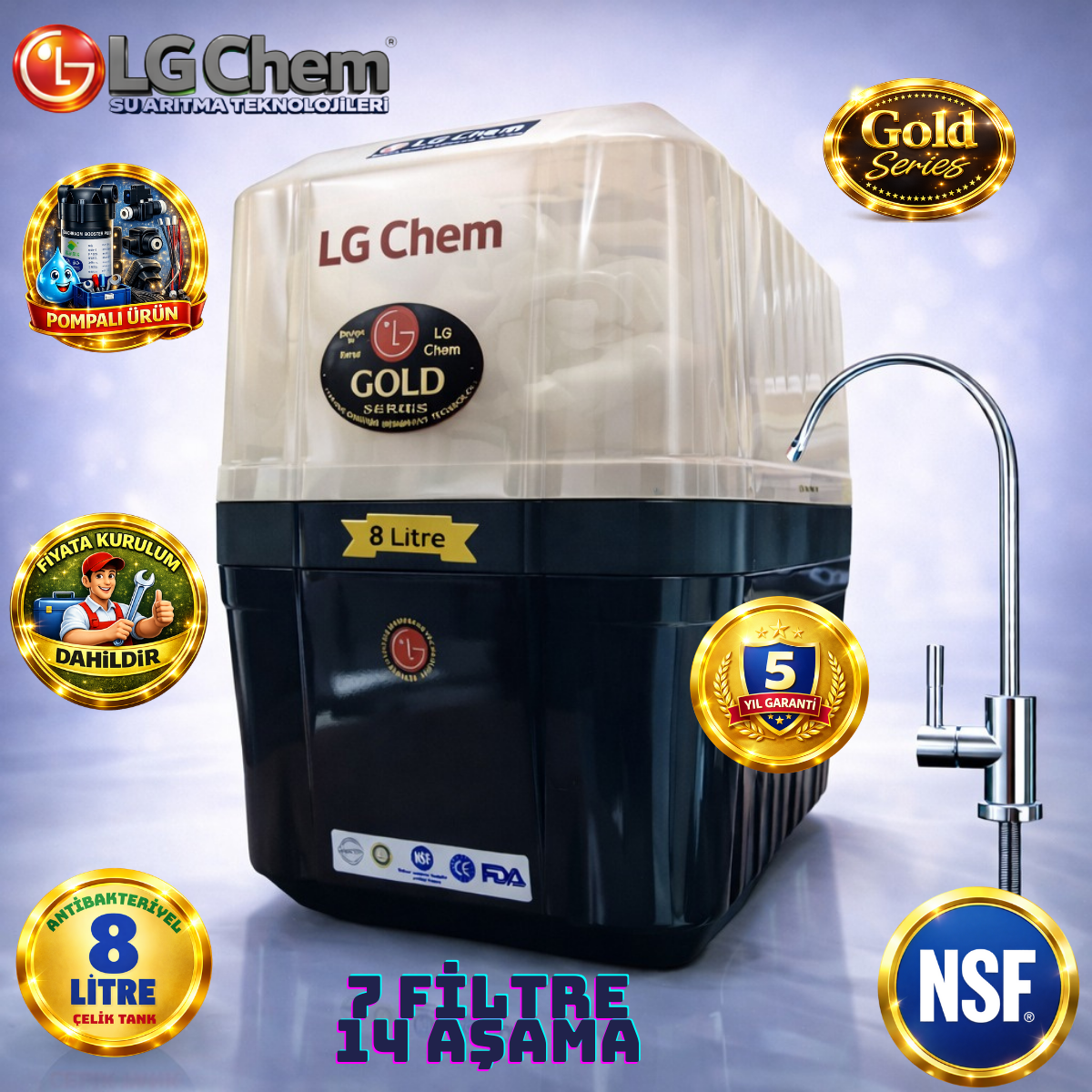 LG Chem GOLD SİYAH BEYAZ ÜCRETSİZ MONTAJ&POMPALI 8 LİTRE 7 FİLTRE 14 AŞAMA SU ARITMA CİHAZI
