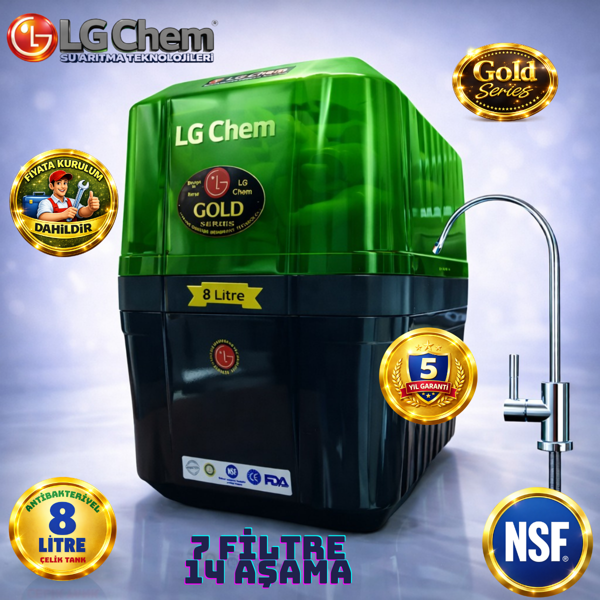 LG Chem GOLD YEŞİL SİYAH ÜCRETSİZ MONTAJ 8 LİTRE 7 FİLTRE 14 AŞAMA SU ARITMA CİHAZI