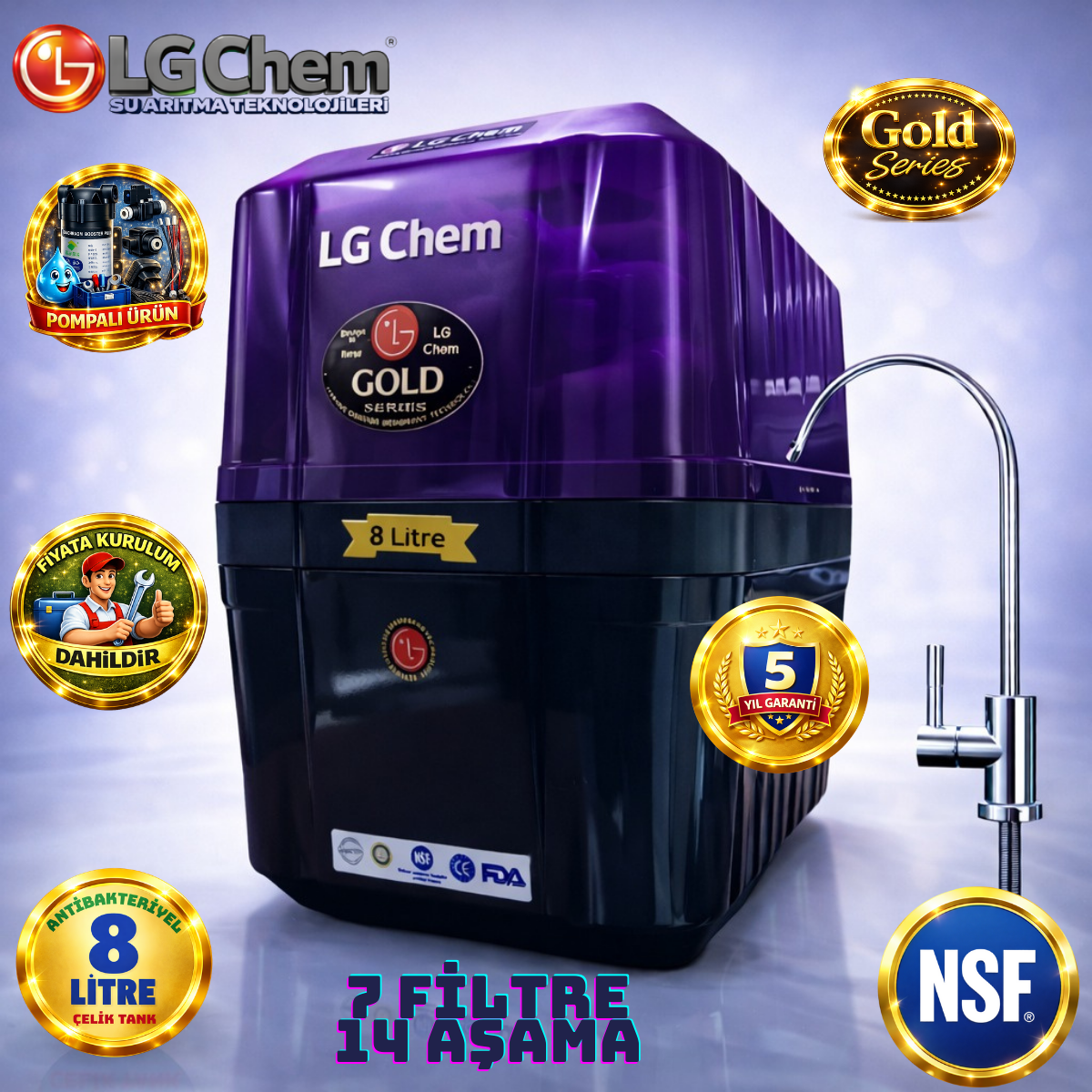 LG Chem GOLD MOR SİYAH ÜCRETSİZ MONTAJ&POMPALI CİHAZ 8 LİTRE 7 FİLTRE 14 AŞAMA SU ARITMA CİHAZI