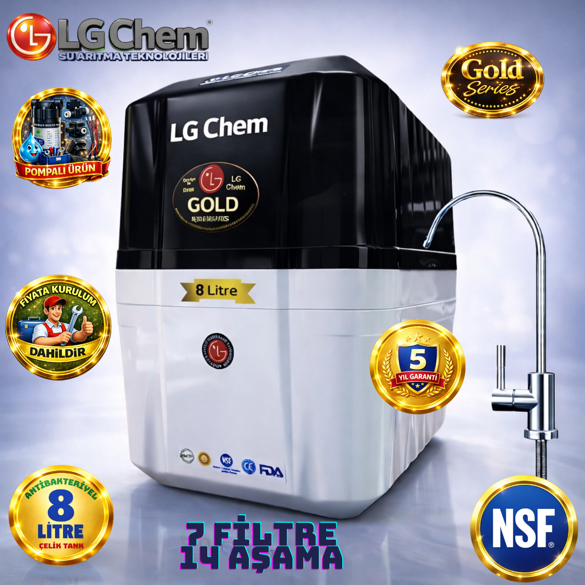 LG Chem GOLD SİYAH BEYAZ ÜCRETSİZ MONTAJ&POMPALI 8 LİTRE 7 FİLTRE 14 AŞAMA SU ARITMA CİHAZI