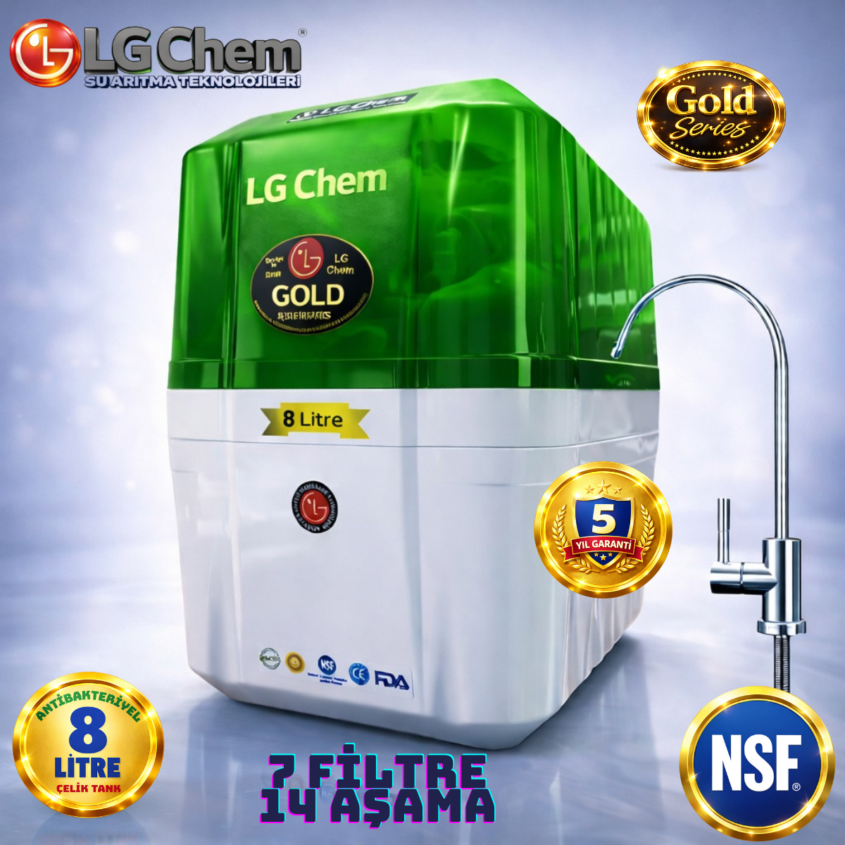 LG Chem GOLD YEŞİL BEYAZ BEYAZ 8 LİTRE 7 FİLTRE 14 AŞAMA SU ARITMA CİHAZI
