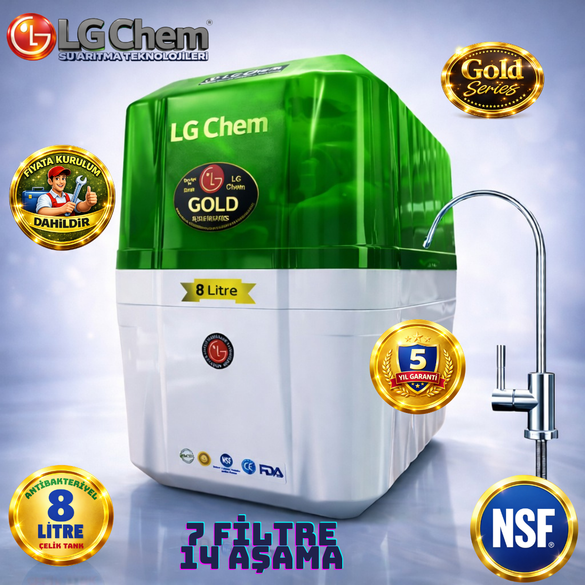 LG Chem GOLD YEŞİL BEYAZ ÜCRETSİZ MONTAJ 8 LİTRE 7 FİLTRE 14 AŞAMA SU ARITMA CİHAZI