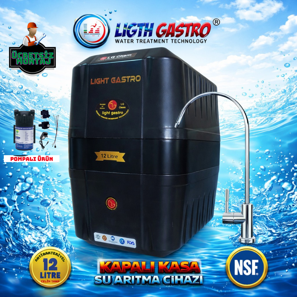 LİGTH GASTRO SPECIAL ÜCRETSİZ MONTAJ&POMPALI 12 LİTRE 90 GPD NANO MEMBRANLI SU ARITMA CİHAZI