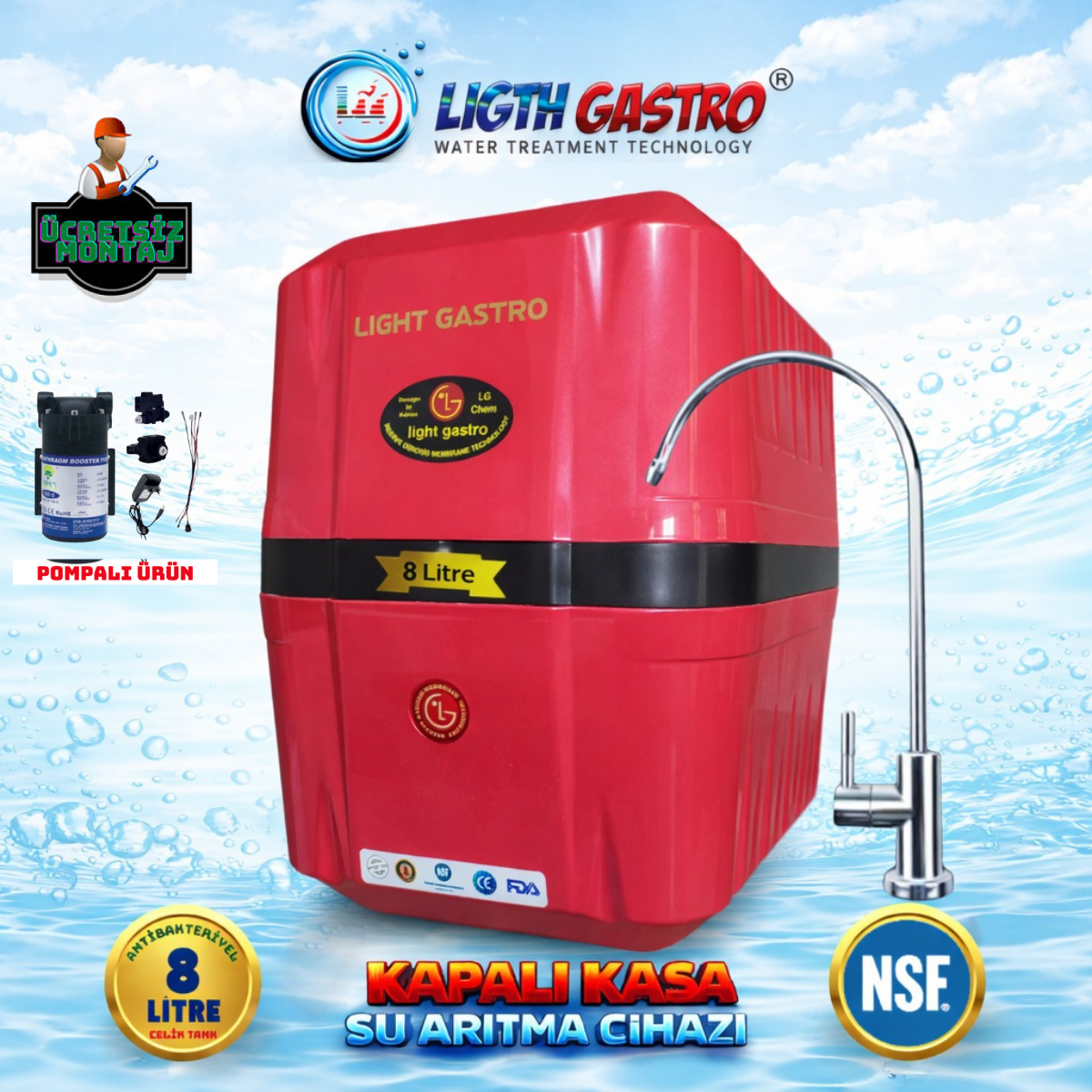 LIGTH GASTRO SPECIAL ÜCRETSİZ MONTAJ&POMPALI CİHAZ 8 LİTRE 90 GPD MEMBRANLI SU ARITMA CİHAZI