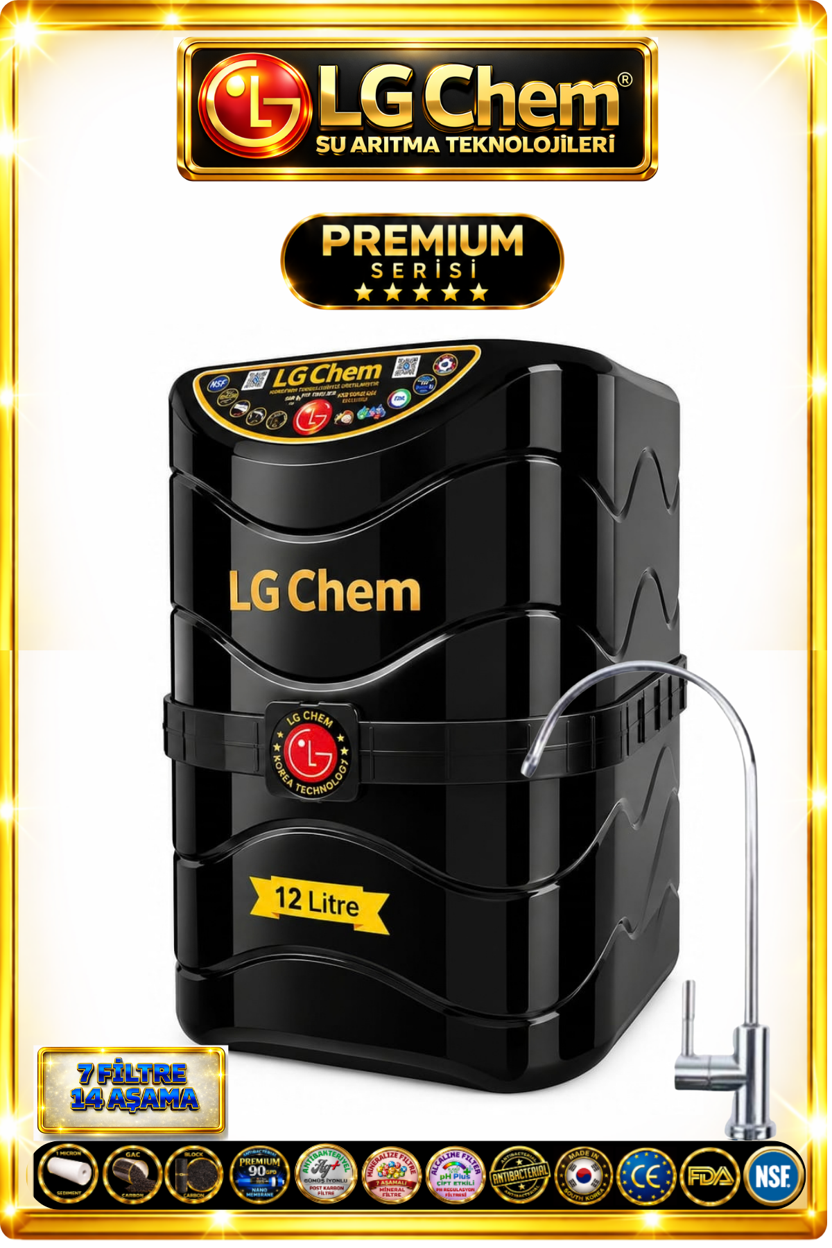 LG Chem PREMIUM SERIES 7 Filtre 14 Aşama 12 Litre SİYAH RENK Su Arıtma Cihazı 90 GPD NANO MEMBRANE