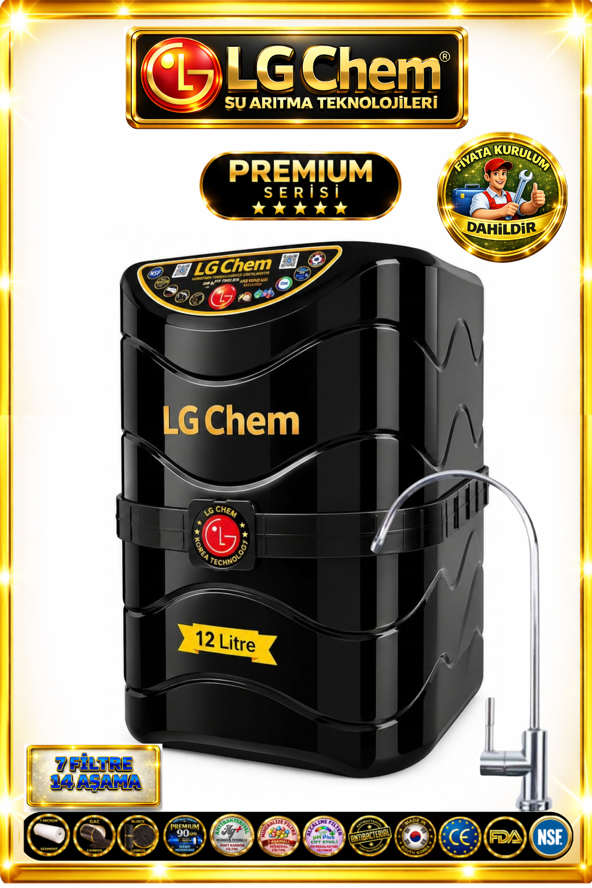 LG Chem PREMIUM SERIES MONTAJ DAHİL 7 Filtre 14 Aşama 12 Litre SİYAH RENK Su Arıtma Cihazı 90 GPD NANO MEMBRANLI