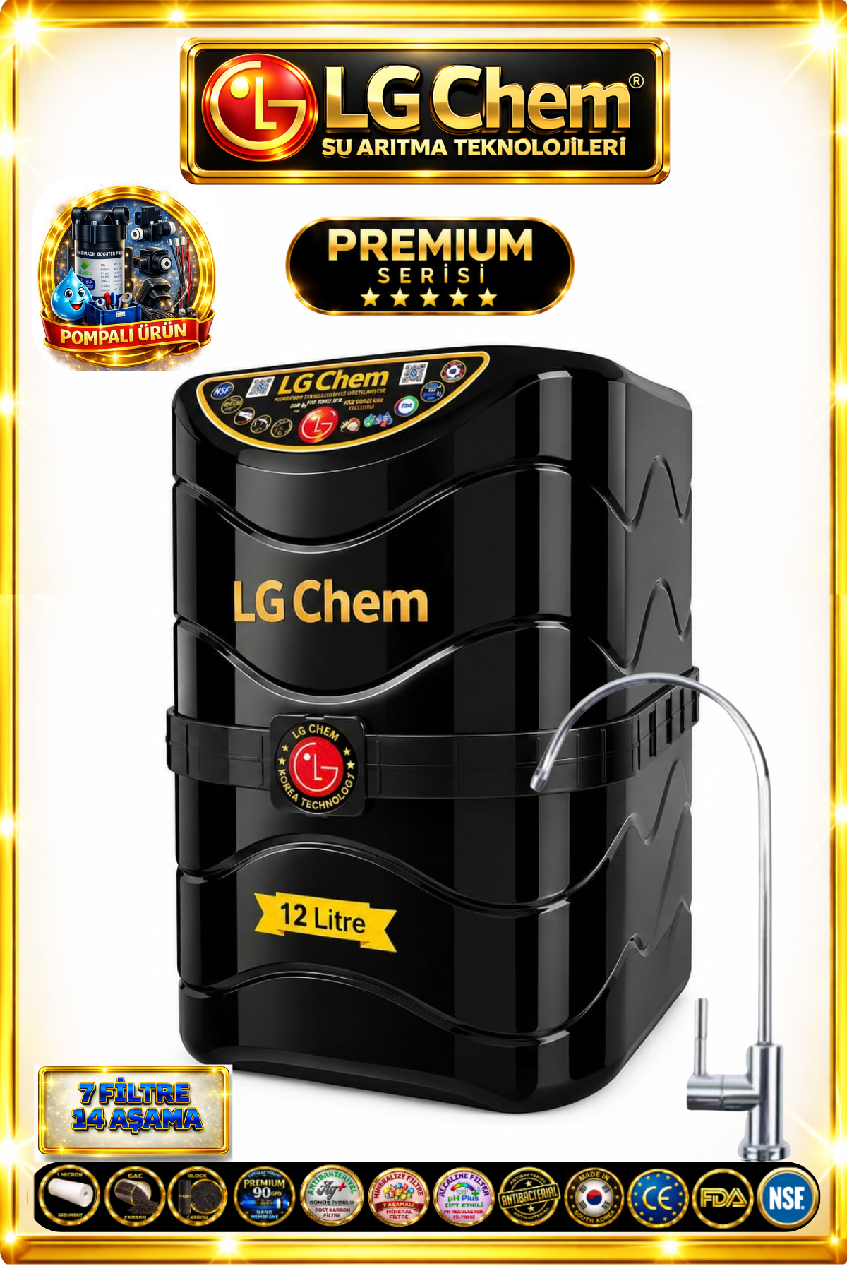 LG Chem PREMIUM SERIES POMPALI 7 Filtre 14 Aşama 12 Litre SİYAH RENK Su Arıtma Cihazı 90 GPD NANO MEMBRANLI