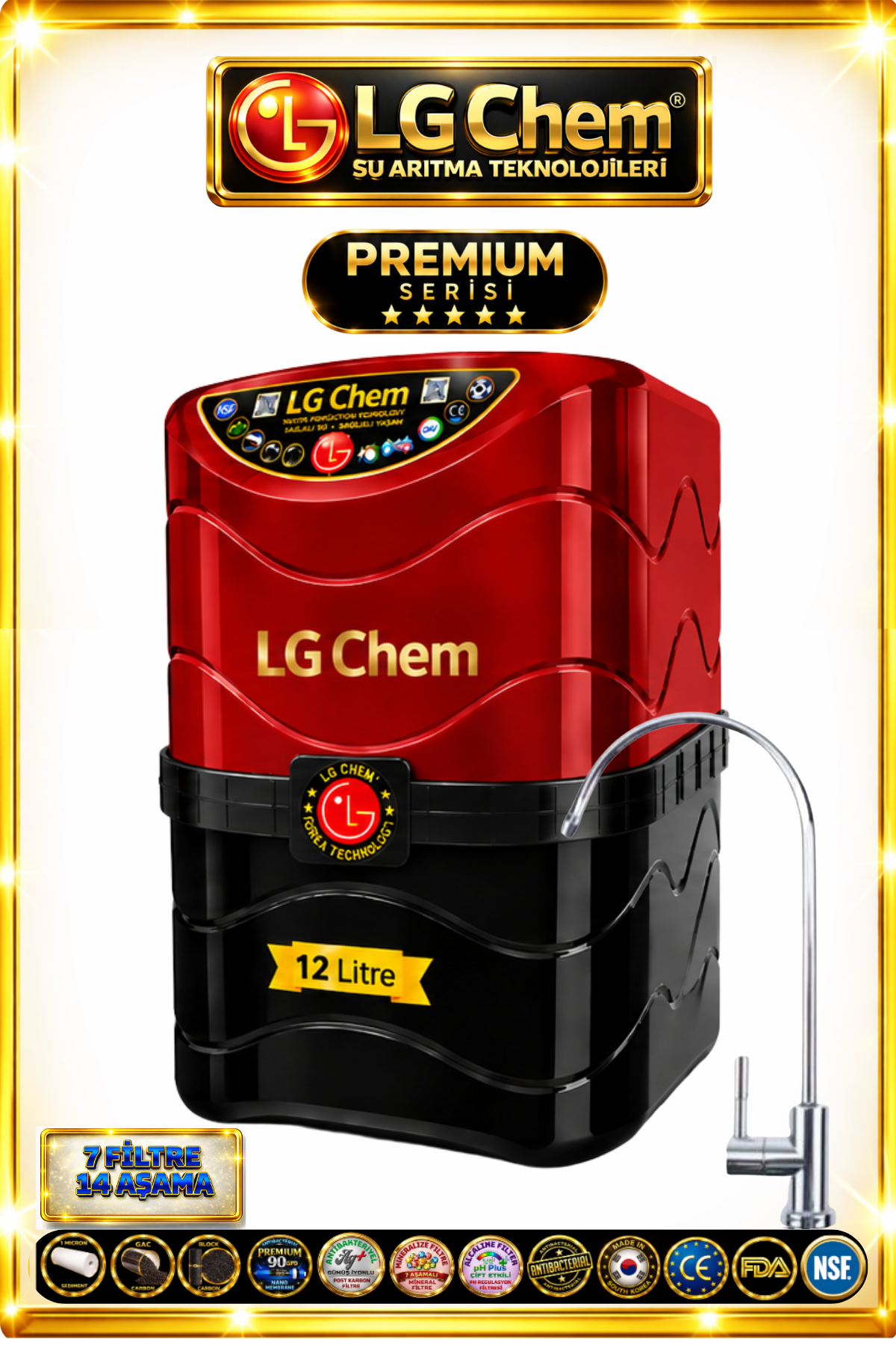 LG Chem PREMIUM SERIES 7 Filtre 14 Aşama 12 Litre KIRMIZI RENK Su Arıtma Cihazı 90 GPD NANO MEMBRANLI
